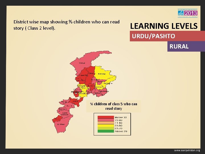 District wise map showing % children who can read story ( Class 2 level).