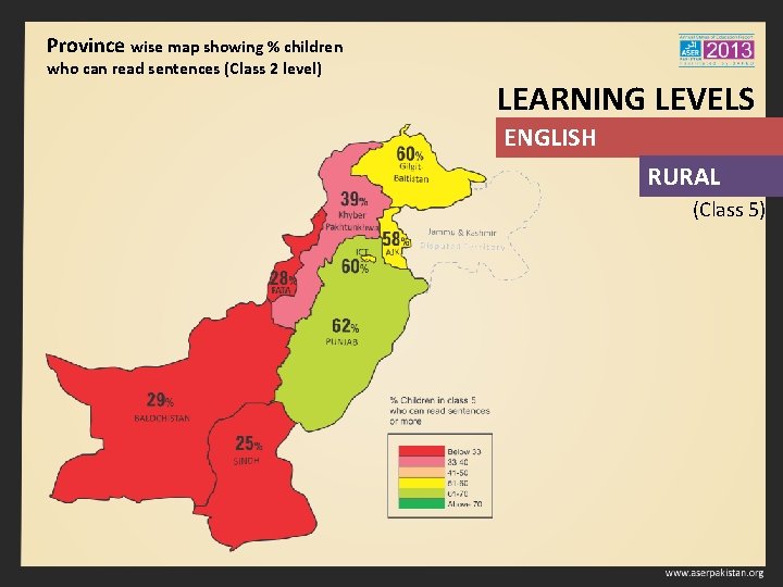 Province wise map showing % children who can read sentences (Class 2 level) LEARNING