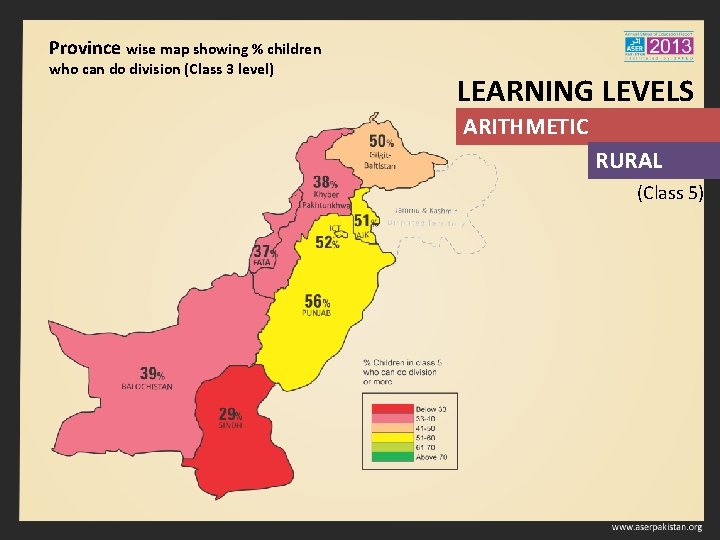 Province wise map showing % children who can do division (Class 3 level) LEARNING