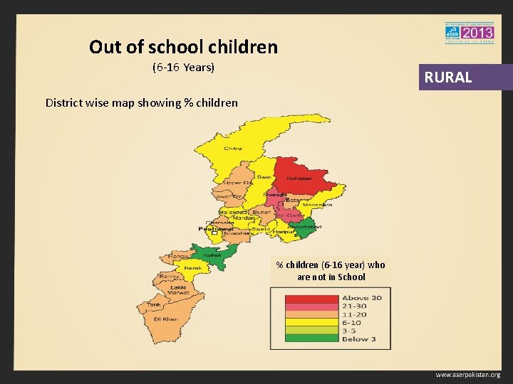 Out of school children (6 -16 Years) RURAL District wise map showing % children