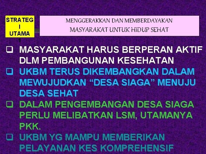 STRATEG I UTAMA 1 MENGGERAKKAN DAN MEMBERDAYAKAN MASYARAKAT UNTUK HIDUP SEHAT q MASYARAKAT HARUS