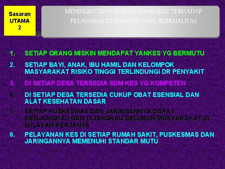 Sasaran UTAMA 2 MENINGKATKAN AKSES MASYARAKAT TERHADAP PELAYANAN KESEHATAN YANG BERKUALITAS 1. SETIAP ORANG