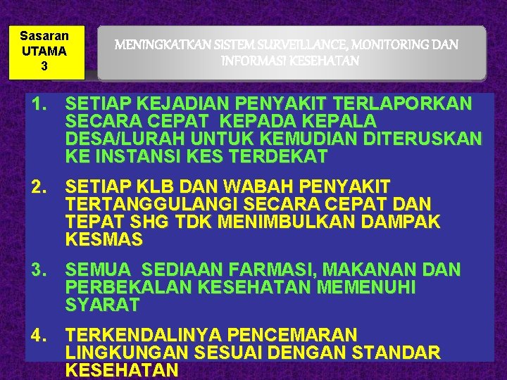 Sasaran UTAMA 3 MENINGKATKAN SISTEM SURVEILLANCE, MONITORING DAN INFORMASI KESEHATAN 1. SETIAP KEJADIAN PENYAKIT