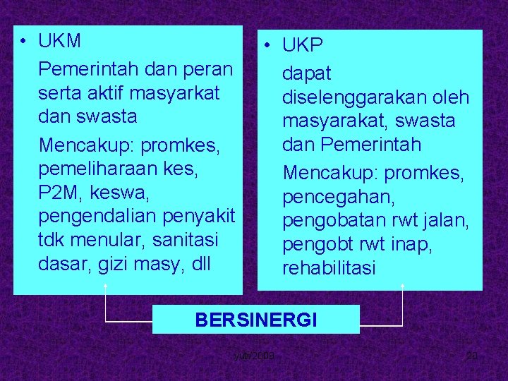  • UKM Pemerintah dan peran serta aktif masyarkat dan swasta Mencakup: promkes, pemeliharaan
