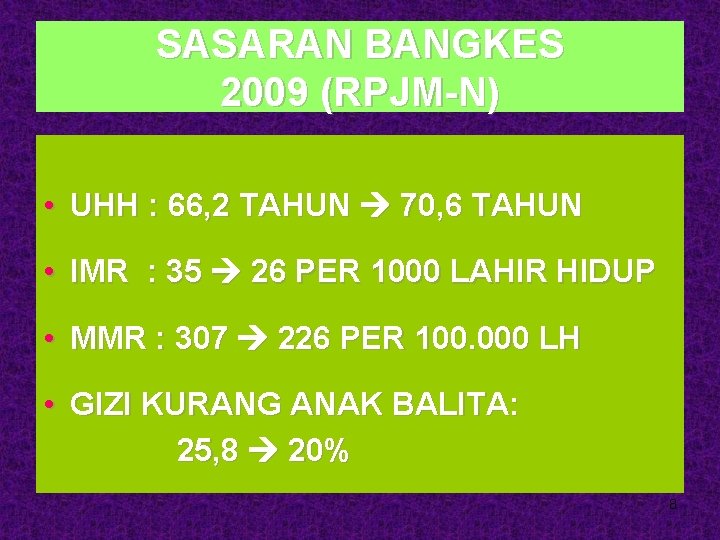 SASARAN BANGKES 2009 (RPJM-N) • UHH : 66, 2 TAHUN 70, 6 TAHUN •