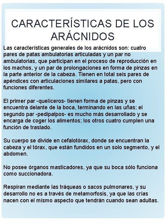 CARACTERÍSTICAS DE LOS ARÁCNIDOS Las características generales de los arácnidos son: cuatro pares de