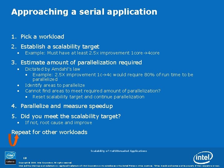 Approaching a serial application 1. Pick a workload 2. Establish a scalability target •