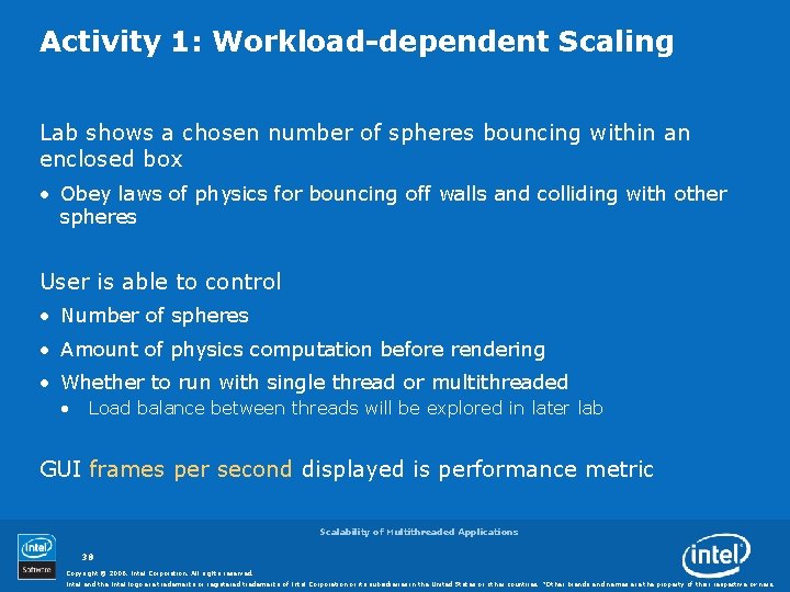 Activity 1: Workload-dependent Scaling Lab shows a chosen number of spheres bouncing within an