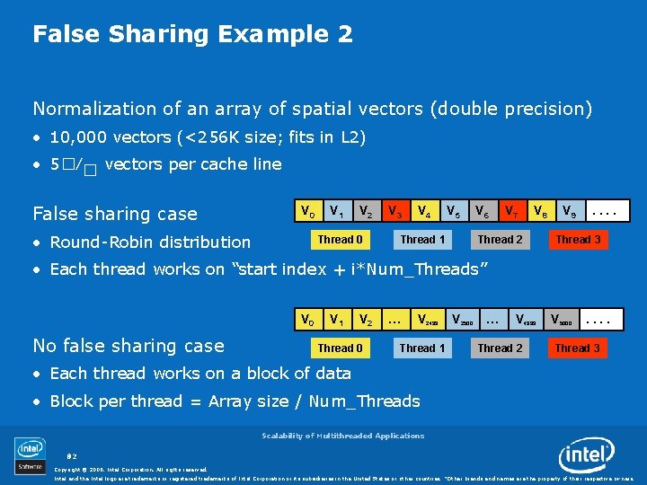 False Sharing Example 2 Normalization of an array of spatial vectors (double precision) •