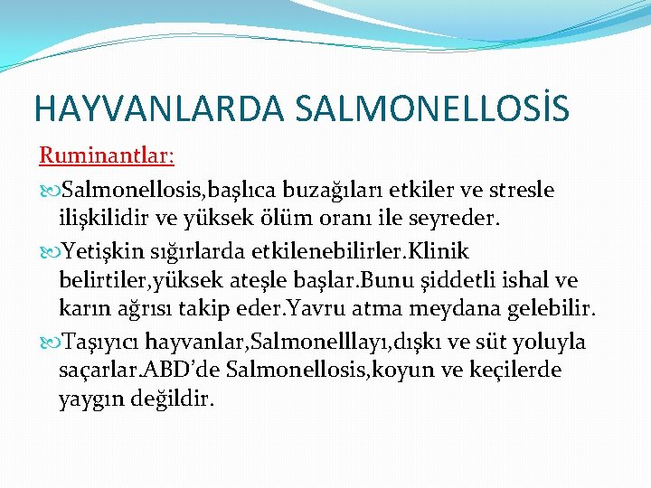HAYVANLARDA SALMONELLOSİS Ruminantlar: Salmonellosis, başlıca buzağıları etkiler ve stresle ilişkilidir ve yüksek ölüm oranı