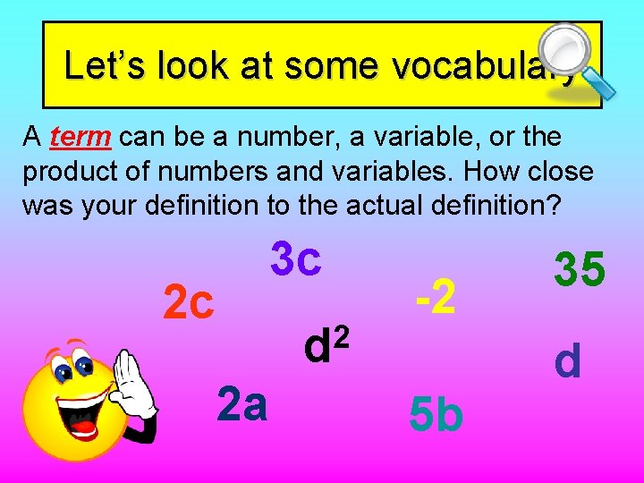 Let’s look at some vocabulary A term can be a number, a variable, or