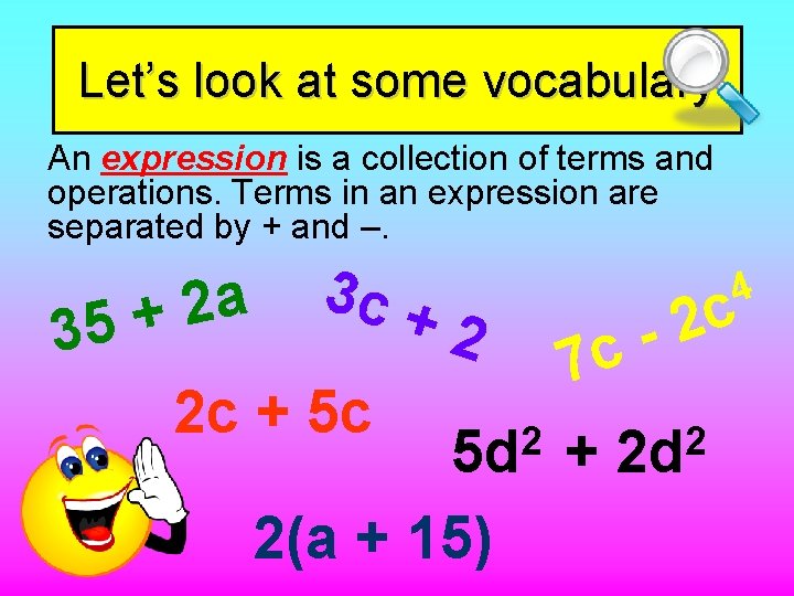 Let’s look at some vocabulary An expression is a collection of terms and operations.