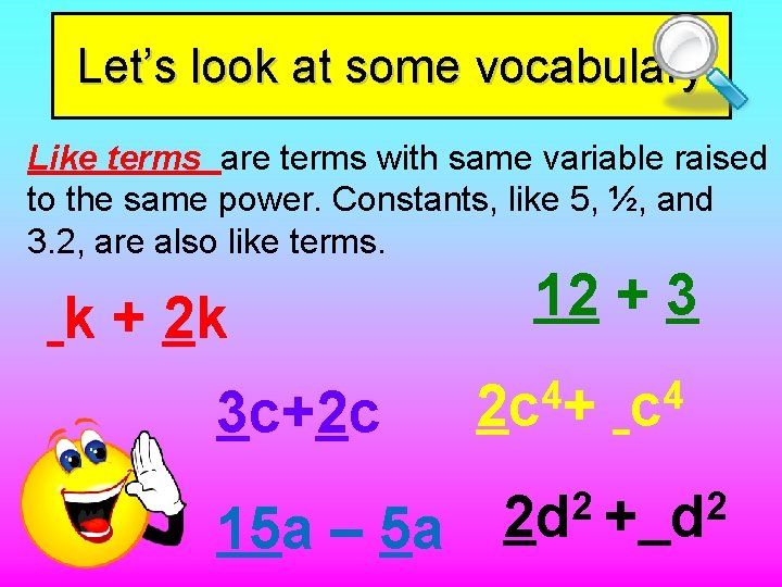 Let’s look at some vocabulary Like terms are terms with same variable raised to