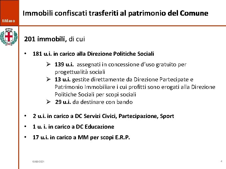 Immobili confiscati trasferiti al patrimonio del Comune Milano 201 immobili, di cui • 181