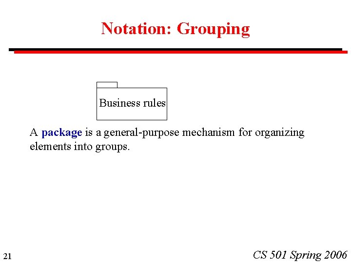 Notation: Grouping Business rules A package is a general-purpose mechanism for organizing elements into Notation: Grouping Business rules A package is a general-purpose mechanism for organizing elements into