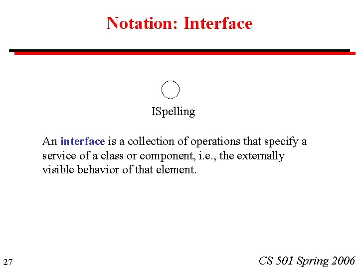 Notation: Interface ISpelling An interface is a collection of operations that specify a service Notation: Interface ISpelling An interface is a collection of operations that specify a service