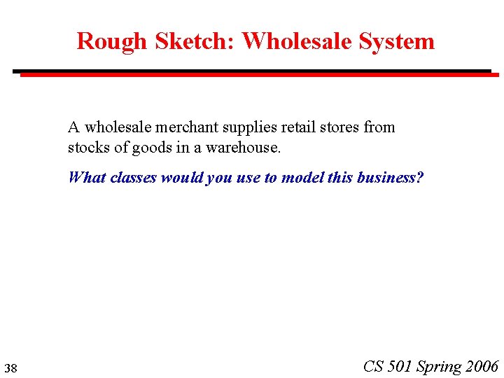 Rough Sketch: Wholesale System A wholesale merchant supplies retail stores from stocks of goods Rough Sketch: Wholesale System A wholesale merchant supplies retail stores from stocks of goods