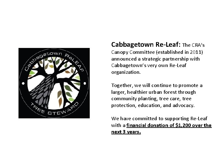 Cabbagetown Re-Leaf: The CRA’s Canopy Committee (established in 2011) announced a strategic partnership with