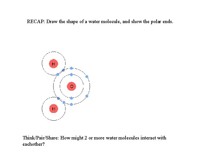 RECAP: Draw the shape of a water molecule, and show the polar ends. Why