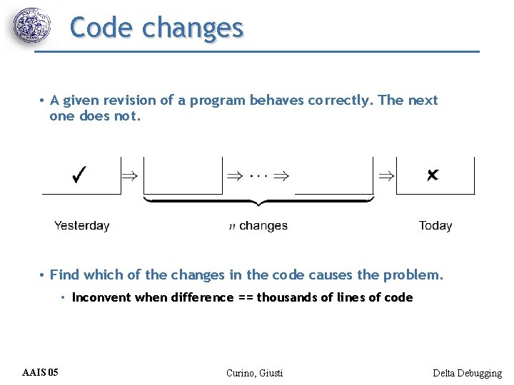 Code changes • A given revision of a program behaves correctly. The next one