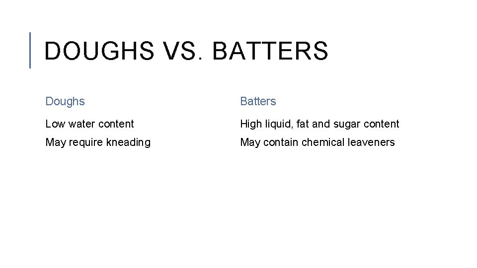 DOUGHS VS. BATTERS Doughs Batters Low water content High liquid, fat and sugar content