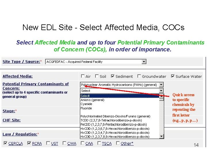 New EDL Site - Select Affected Media, COCs Select Affected Media and up to