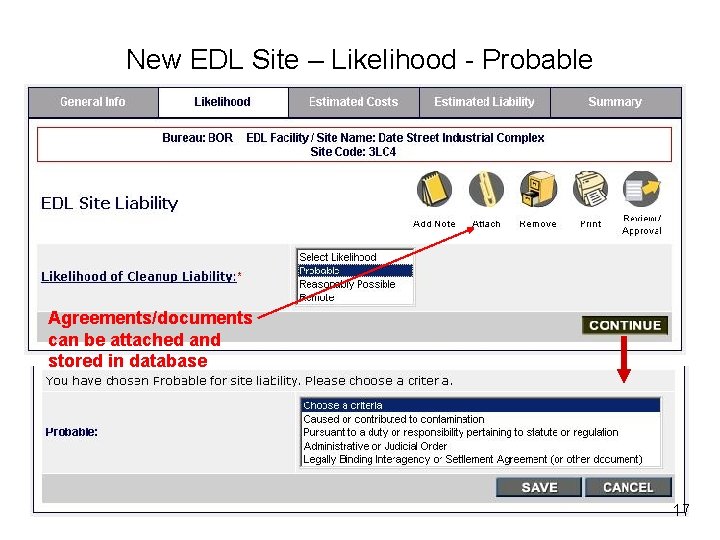 New EDL Site – Likelihood - Probable Agreements/documents can be attached and stored in