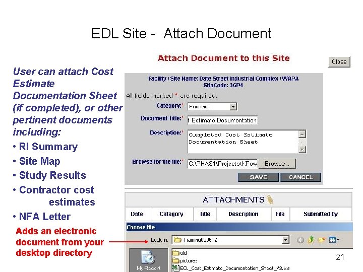 EDL Site - Attach Document User can attach Cost Estimate Documentation Sheet (if completed),
