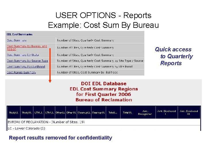USER OPTIONS - Reports Example: Cost Sum By Bureau Quick access to Quarterly Reports