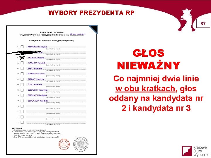 WYBORY PREZYDENTA RP 37 GŁOS NIEWAŻNY Co najmniej dwie linie w obu kratkach, głos