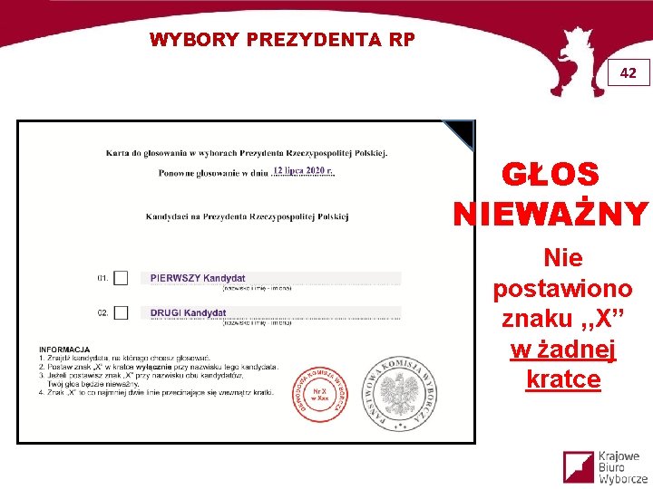 WYBORY PREZYDENTA RP 42 GŁOS NIEWAŻNY Nie postawiono znaku , , X” w żadnej