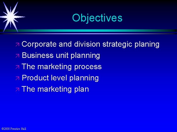 Objectives ä Corporate and division strategic planing ä Business unit planning ä The marketing