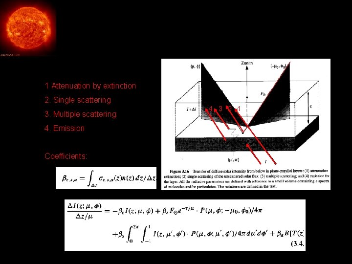 Equation of radiative transfer through a scattering layer 1 Attenuation by extinction 2. Single