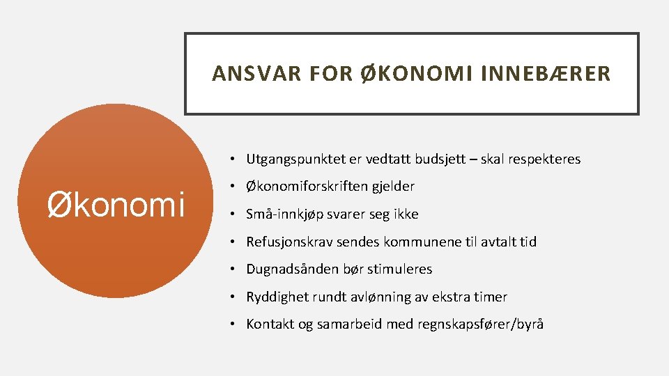 ANSVAR FOR ØKONOMI INNEBÆRER • Utgangspunktet er vedtatt budsjett – skal respekteres Økonomi •