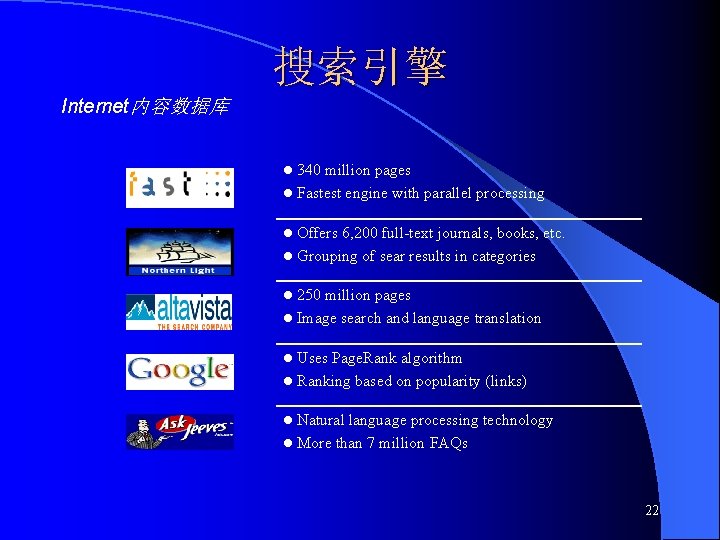 搜索引擎 Internet内容数据库 l 340 million pages l Fastest engine with parallel processing l Offers