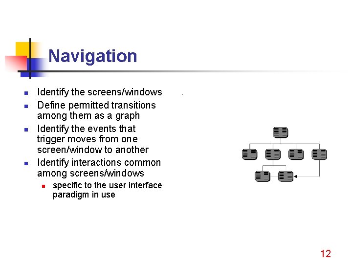 Navigation n n Identify the screens/windows Define permitted transitions among them as a graph
