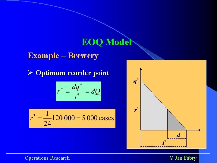 EOQ Model Example – Brewery Ø Optimum reorder point q* r* d t* ______________________________________