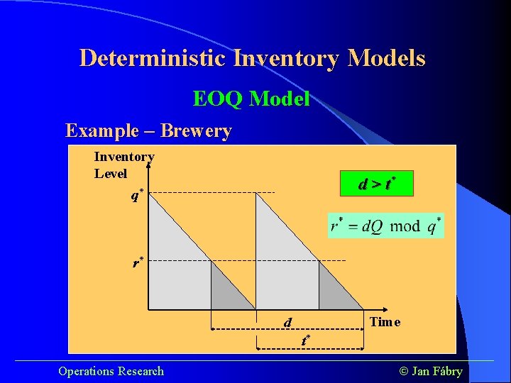 Deterministic Inventory Models EOQ Model Example – Brewery Inventory Level q* d > t*