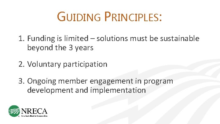 GUIDING PRINCIPLES: 1. Funding is limited – solutions must be sustainable beyond the 3