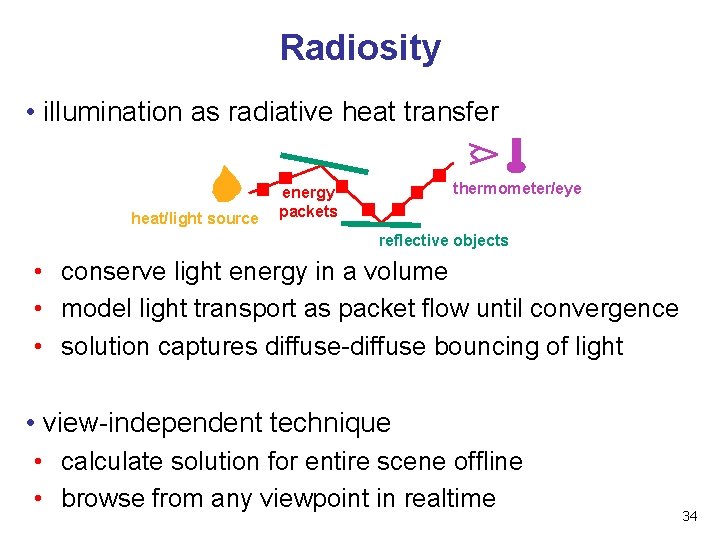 Radiosity • illumination as radiative heat transfer heat/light source thermometer/eye energy packets reflective objects