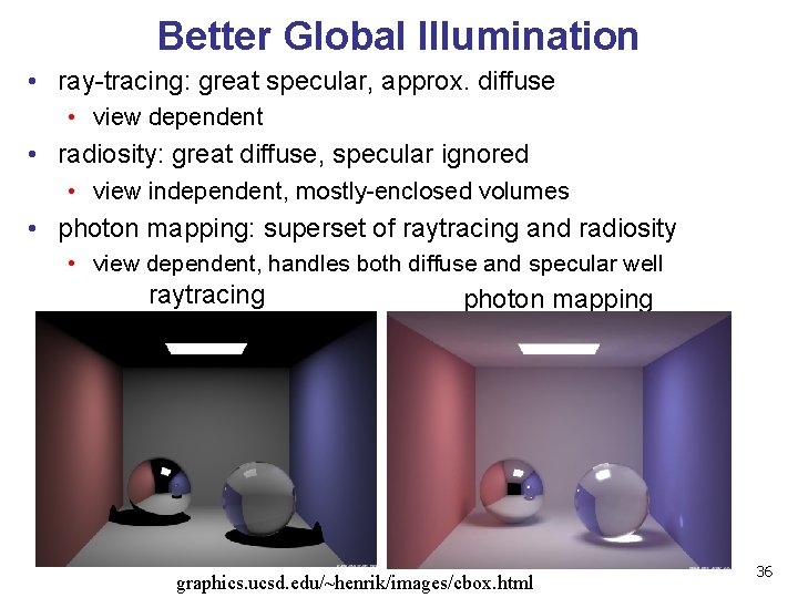Better Global Illumination • ray-tracing: great specular, approx. diffuse • view dependent • radiosity: