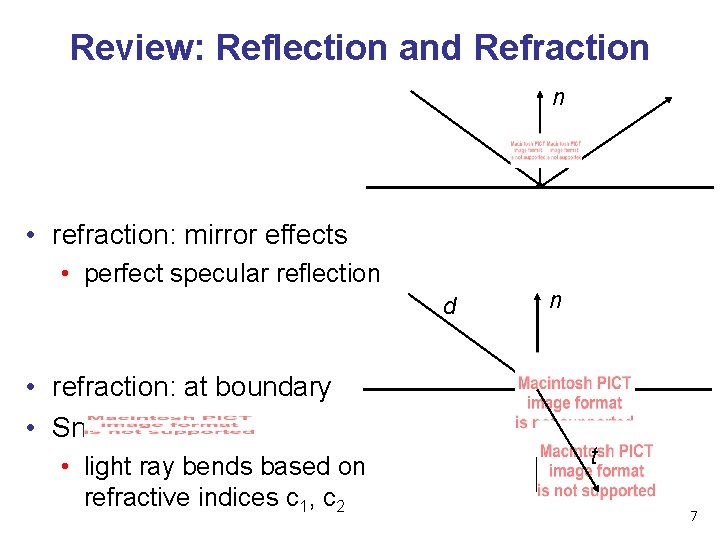 Review: Reflection and Refraction n • refraction: mirror effects • perfect specular reflection d