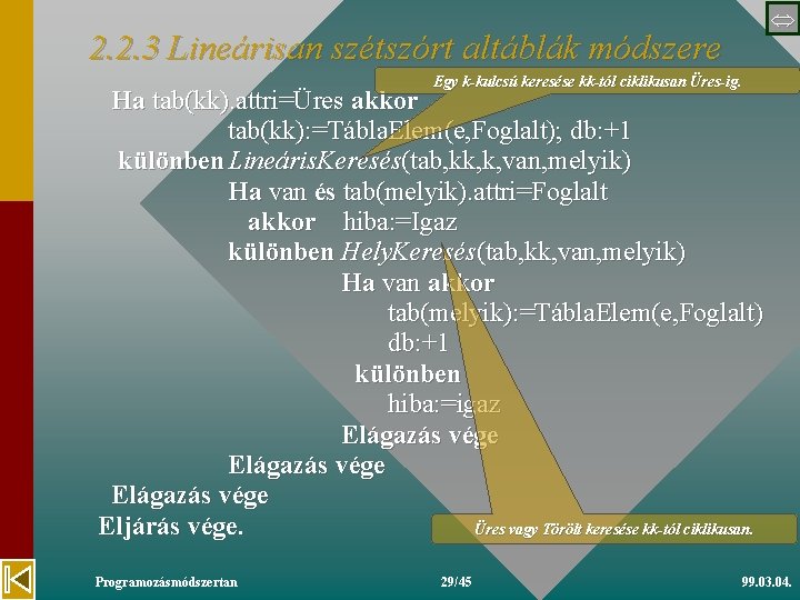  2. 2. 3 Lineárisan szétszórt altáblák módszere Egy k-kulcsú keresése kk-tól ciklikusan Üres-ig.