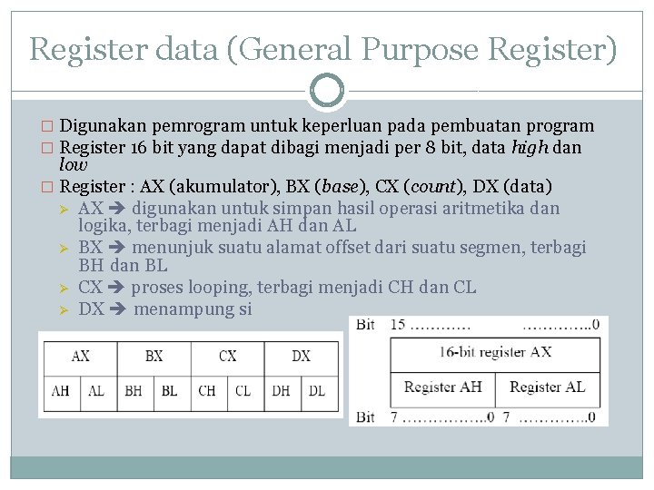 Register data (General Purpose Register) � Digunakan pemrogram untuk keperluan pada pembuatan program �