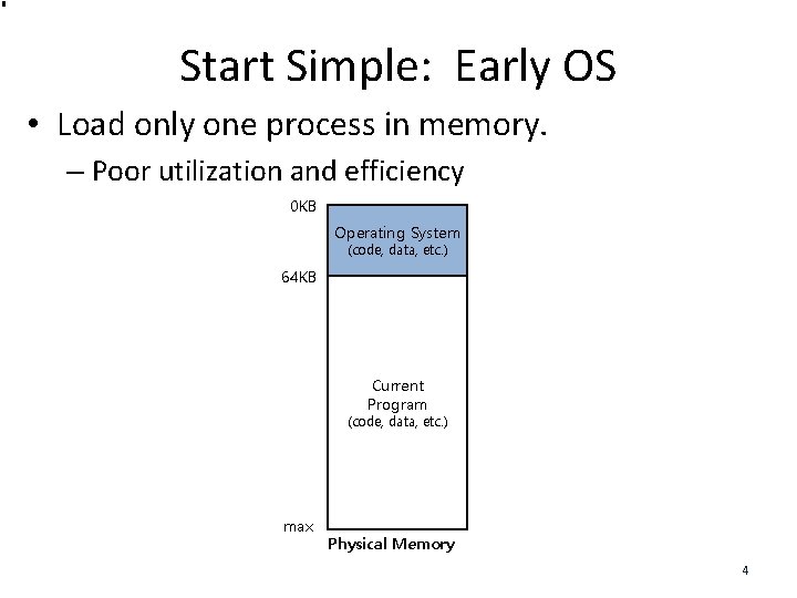 Start Simple: Early OS • Load only one process in memory. – Poor utilization