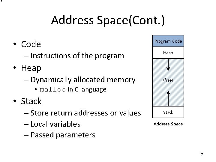 Address Space(Cont. ) • Code – Instructions of the program Program Code Heap •