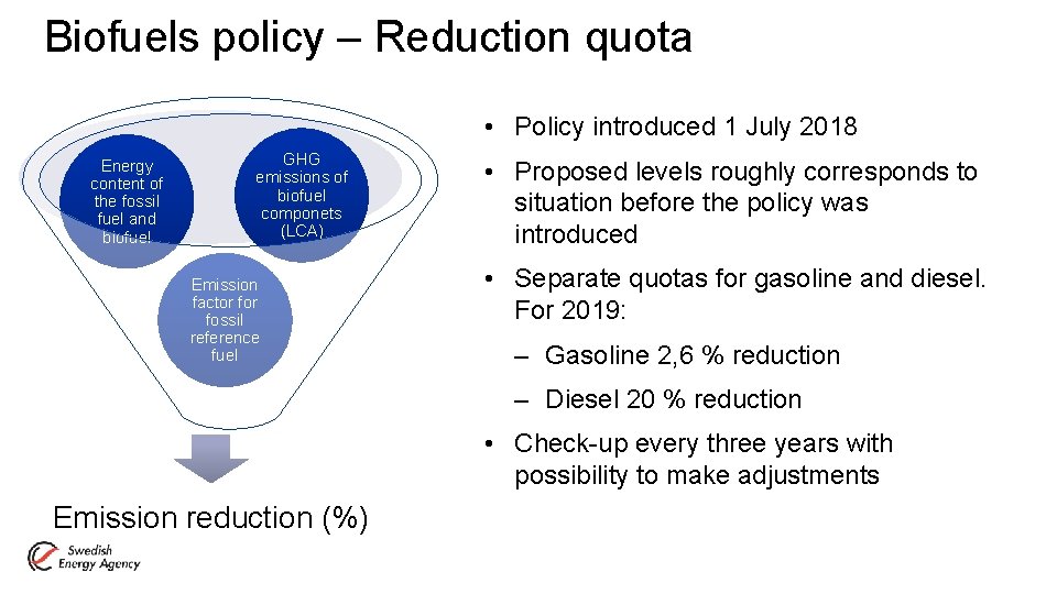 Biofuels policy – Reduction quota • Policy introduced 1 July 2018 Energy content of