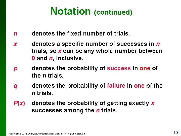 Notation (continued) n denotes the fixed number of trials. x denotes a specific number