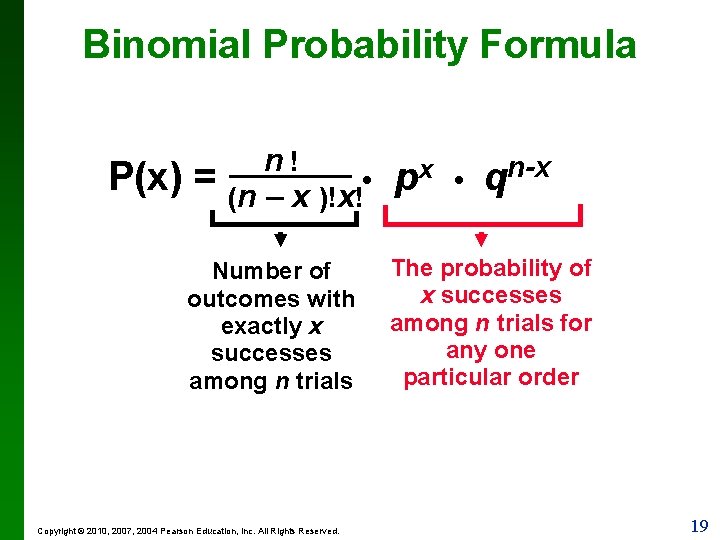 Binomial Probability Formula P(x) = n! • (n – x )!x! Number of outcomes