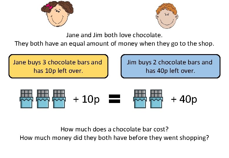 Jane and Jim both love chocolate. They both have an equal amount of money